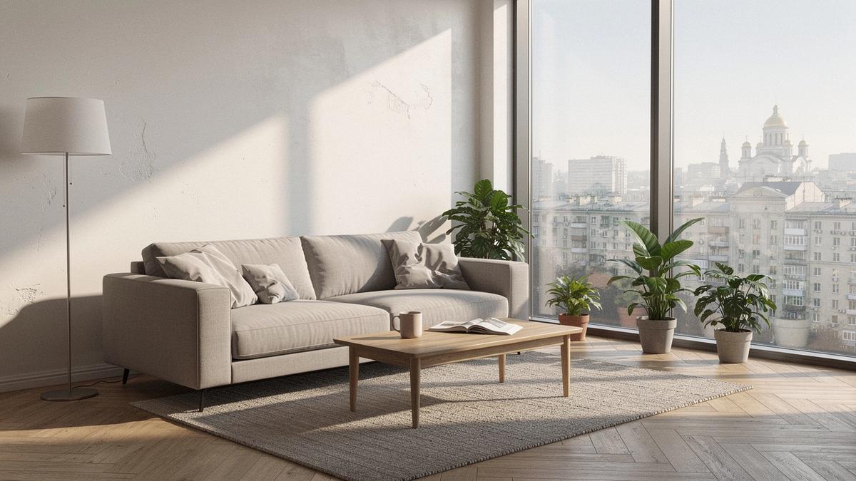 Sunlit living room of a Kyiv city apartment with tall windows and parquet floors